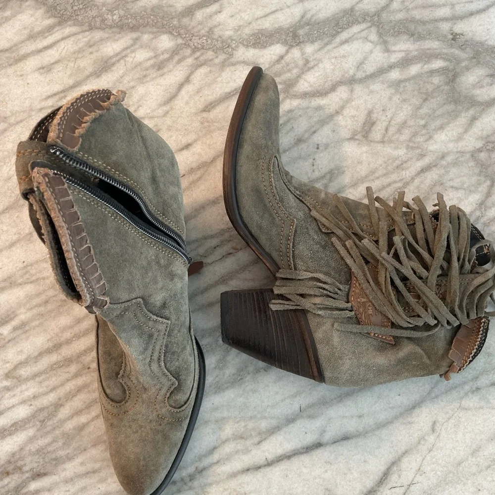 El Vaquero suede Cowboy Cowgirl western fringe leather ankle boots Italy 7.5